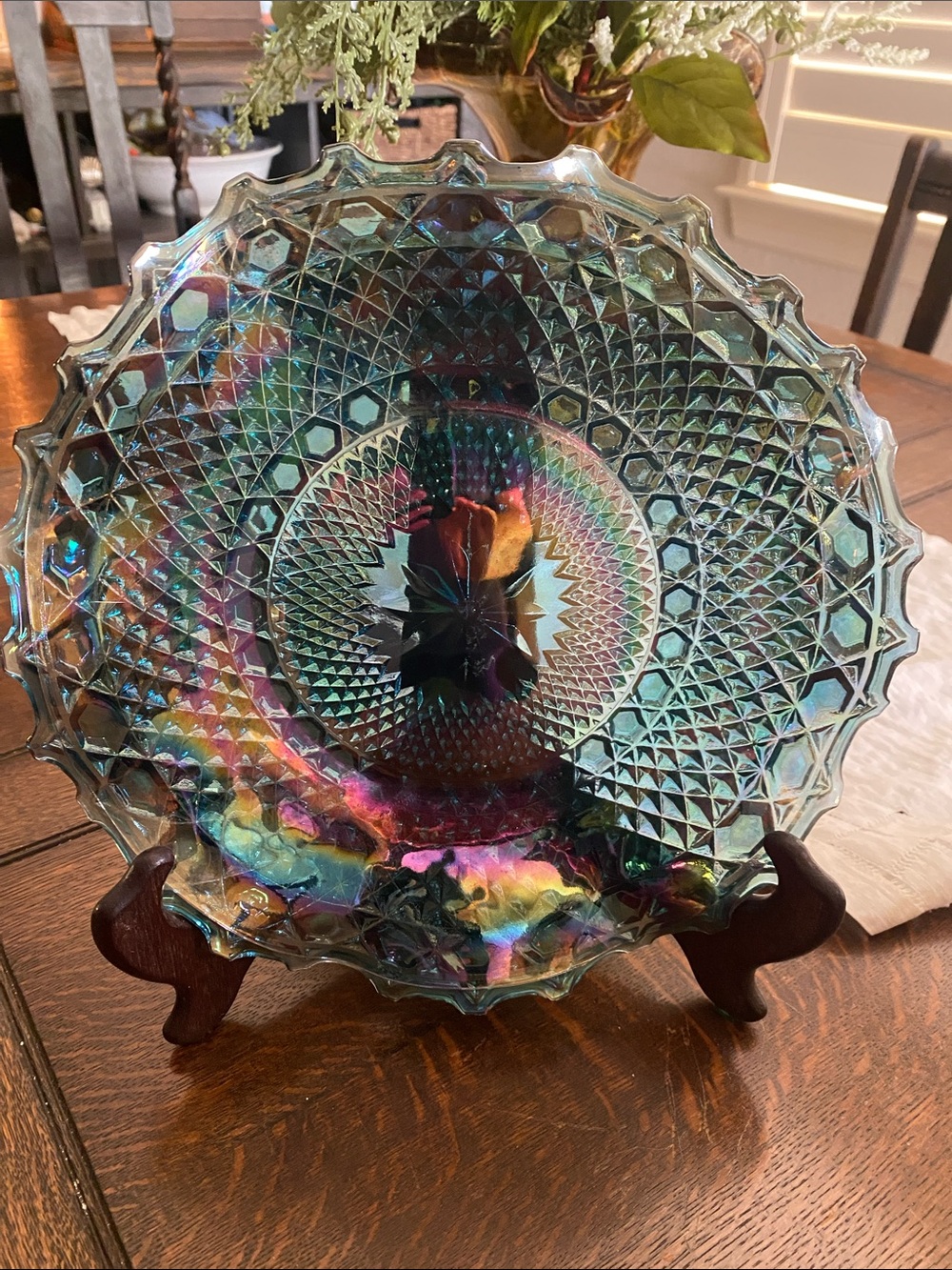 Indiana Glass Iridescent Teal Carnival Glass Plate with Rainbow Hues